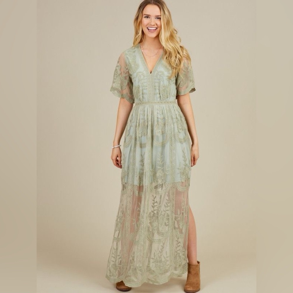 Altar'd State Light Sage Lace V‑Neck Maxi Dress